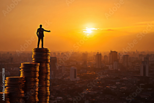 Obraz na płótnie A businessman stands triumphantly atop a stack of coins against a stunning sunset, symbolizing ambition, wealth, and the pursuit of success in a global landscape. w salonie