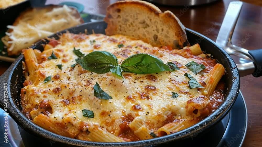 Delicious Baked Ziti Pasta in a Pan with Marinara Sauce and Fresh Basil Leaves Delicious Baked Ziti Pasta in a Pan with Marinara Sauce and Fresh Basil Leaves