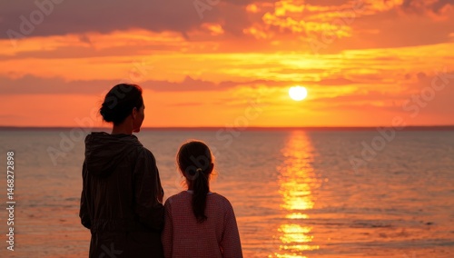 Fototapeta Naklejka Na Ścianę i Meble -  Mother and daughter watch a stunning sunset over the ocean.