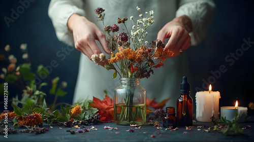 Woman Arranging Dried Floral Arrangement On Dark Table