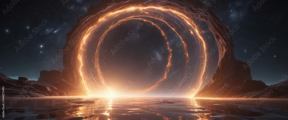 Shimmering portal, cosmic waves ripple across its surface, ethereal glow , glow, infinite, galaxy