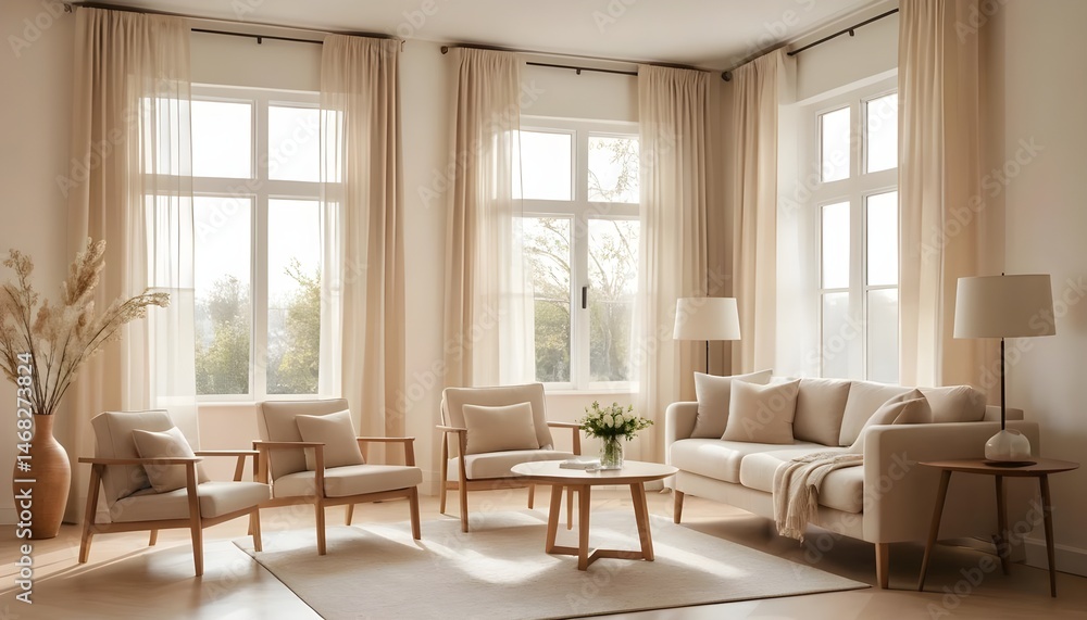 Fototapeta premium Modern Beige Living Room Interior with Large Windows