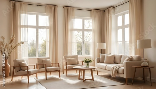 Wallpaper Mural Modern Beige Living Room Interior with Large Windows Torontodigital.ca