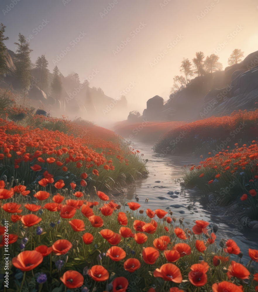 Soft morning light filters through swirling mist, illuminating a sea of poppies , wild, flowers, picture