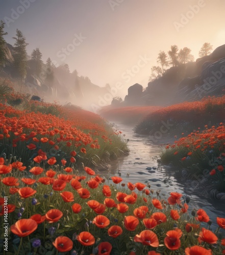 Obraz na płótnie Soft morning light filters through swirling mist, illuminating a sea of poppies , wild, flowers, picture w salonie