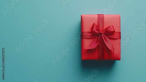 A red gift box with ribbon on a blue background top down view