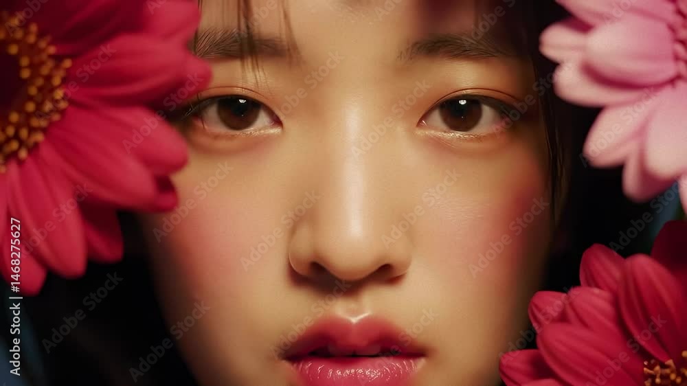 Artistic close-up of a young woman's face framed by colorful flowers. Soft lighting and smooth skin tones create a dreamy and poetic visual. Artistic close-up of a young woman's face framed by colorful flowers. Soft lighting and smooth skin tones create a dreamy and poetic visual.