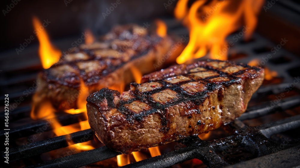 Juicy steaks sizzling on a fiery grill. Juicy steaks sizzling on a fiery grill.