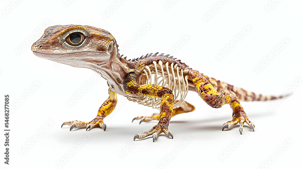 Fototapeta premium Profile View Of A Speckled Lizard Skeleton Against White Background