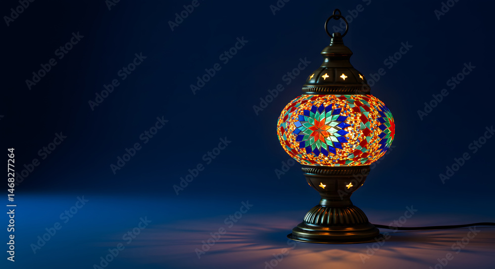 Obraz premium Ornate traditional illuminated mosaic lamp with warm glowing light casting intricate patterns on a dark blue background, concept for cultural celebration, home decor inspiration and festive event