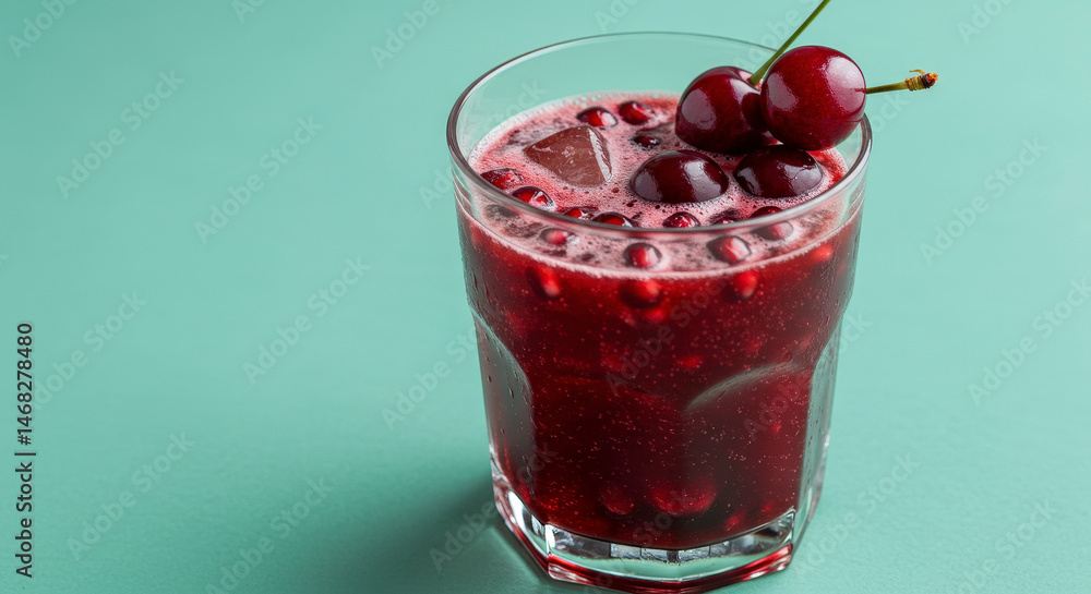 Vibrant Cherry Cocktail In A Glass With Ice And Garnish On A Teal Background Vibrant Cherry Cocktail In A Glass With Ice And Garnish On A Teal Background