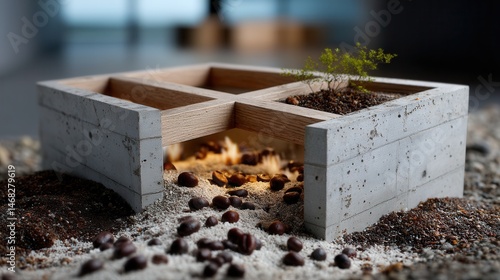 Modern ecological coffee roasting display with green plant and roasted beans in a minimalist wooden and concrete structure