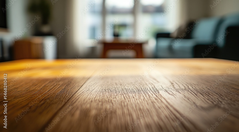 Sunlit wooden coffee table in a living room Sunlit wooden coffee table in a living room