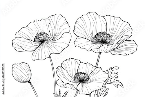 Elegant black and white line art depiction of poppy blossoms.