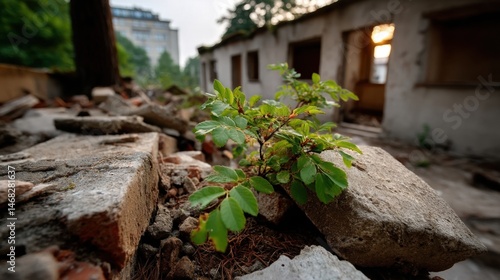 Wallpaper Mural Small green plant growing amid debris and ruins in an abandoned construction site with blurred background of incomplete building and trees at sunset Torontodigital.ca