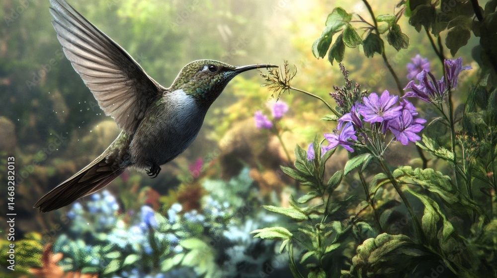 Fototapeta premium Hummingbird feeding on purple flowers in a lush garden nature wildlife photography image beautiful scene
