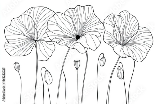 Elegant line drawing of stylized poppy blossoms in black and white.