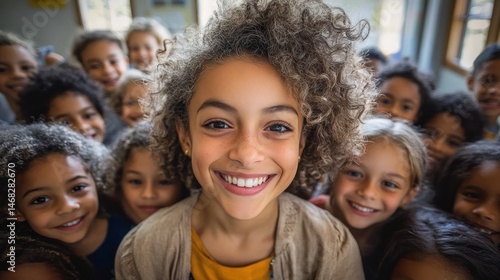 Group of diverse smiling children closely gathered together with one girl in the center showing joyful expression in a bright indoor setting