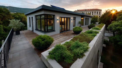 Modern flat-roof house with large floor-to-ceiling windows and rooftop garden, sunset view in urban setting