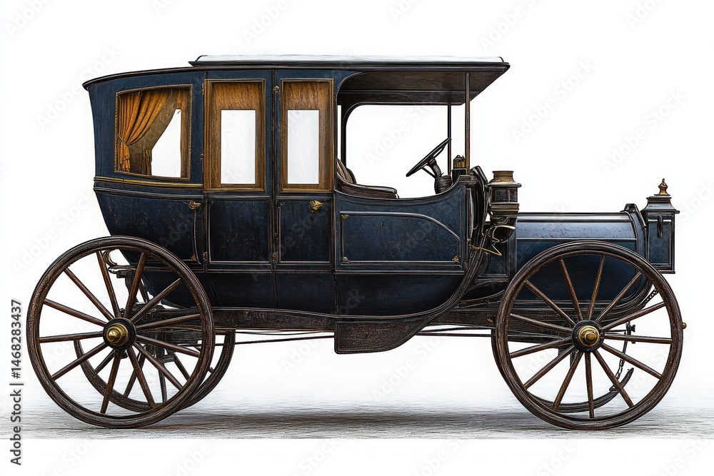 Fototapeta premium Side view of a vintage horse-drawn carriage with large wooden wheels, dark blue body, and yellow curtains inside, showcasing classic elegant design and craftsmanship