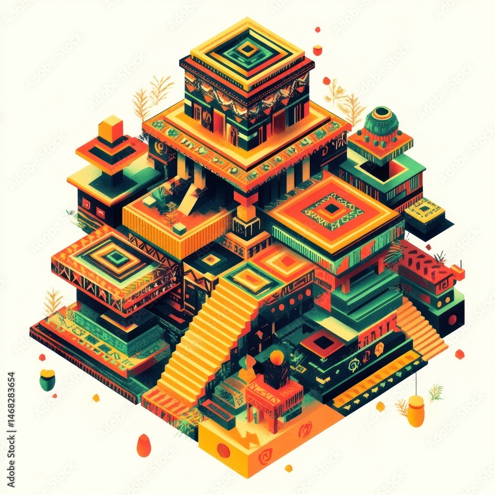 Fototapeta premium Stunning isometric featuring a fantastical surreal architectural design with colorful ornate towers intricate patterns and captivating geometric elements This digital artwork showcases a creative