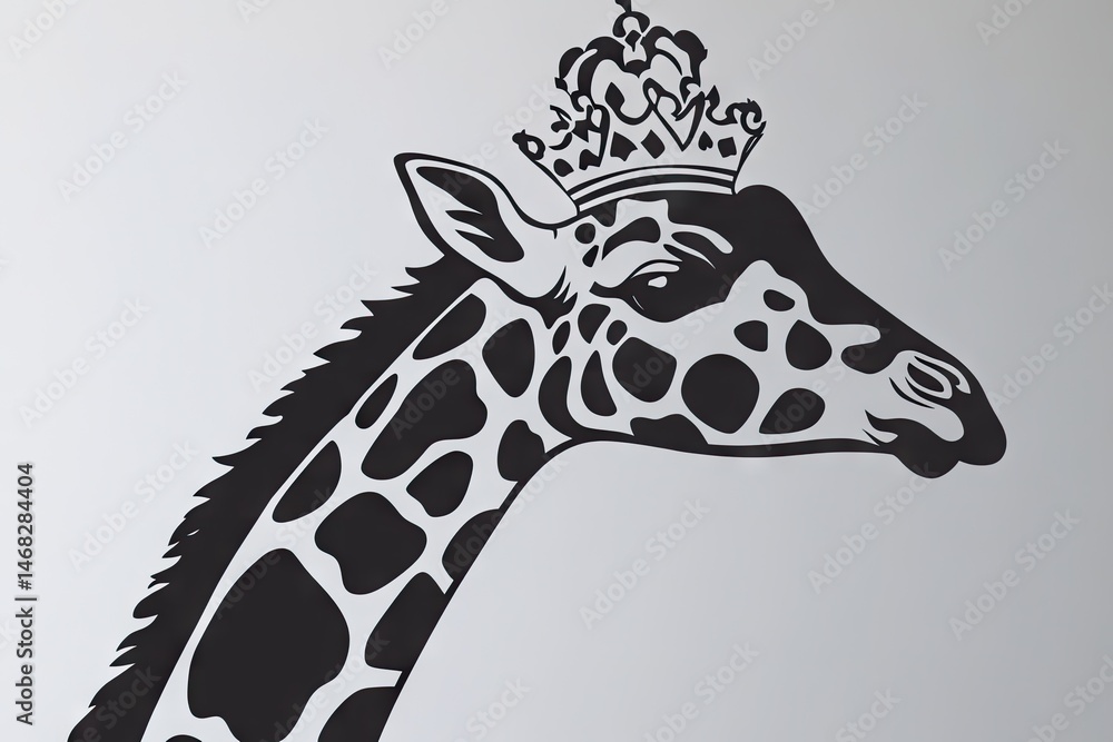 Naklejka premium Stylish giraffe's head wearing a crown, black and white.