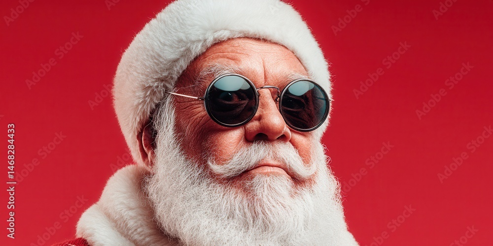 Santa Claus with white beard and sunglasses against a vibrant red background, festive and modern style.