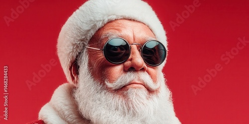 Obraz na płótnie Santa Claus with white beard and sunglasses against a vibrant red background, festive and modern style. w salonie