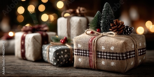 Wrapped Christmas presents decorated with pine cones under a lit evergreen tree at home.