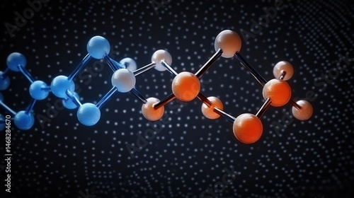 3D rendered molecular structure with interconnected atoms in blue and orange glowing against a dark background filled with small dot patterns