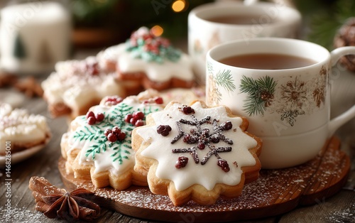 A table with assorted cookies and a cup of tea in natural daylight, perfect for food or lifestyle themes.