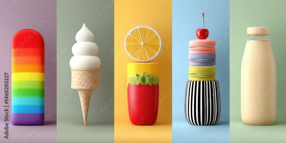 Colorful ice cream scoops and assorted fresh fruit arranged on a white background, bright and vibrant.