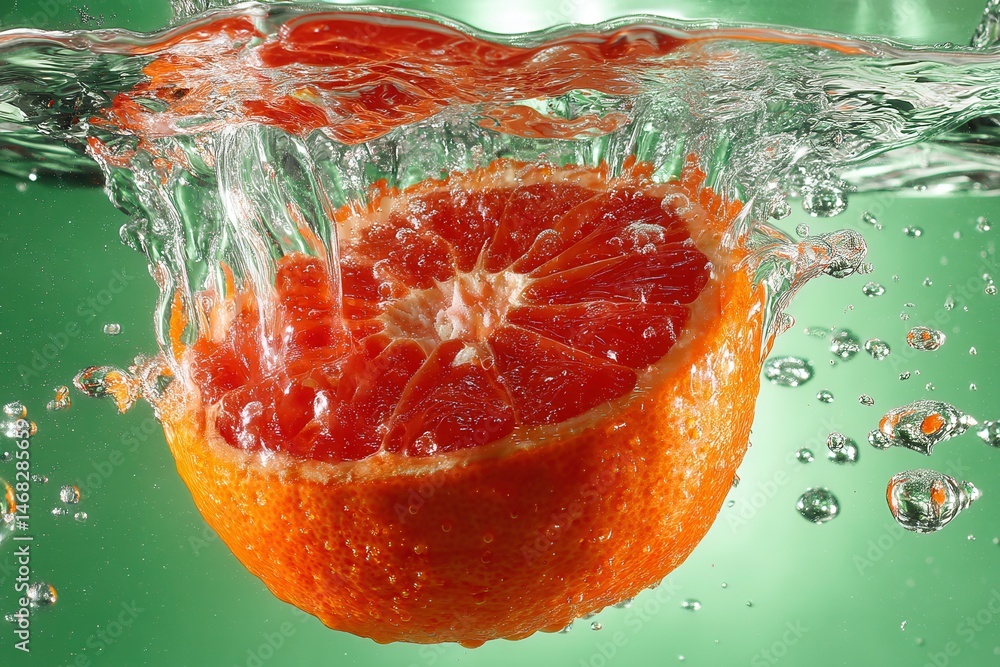 Half an orange splashing into clear water with droplets frozen mid-air on white background.