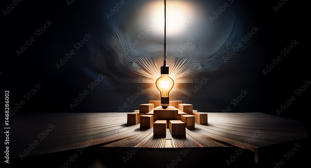 Idea glowing brightly: A lightbulb shines upon a formation of blocks in a dark, atmospheric space. Idea glowing brightly: A lightbulb shines upon a formation of blocks in a dark, atmospheric space.