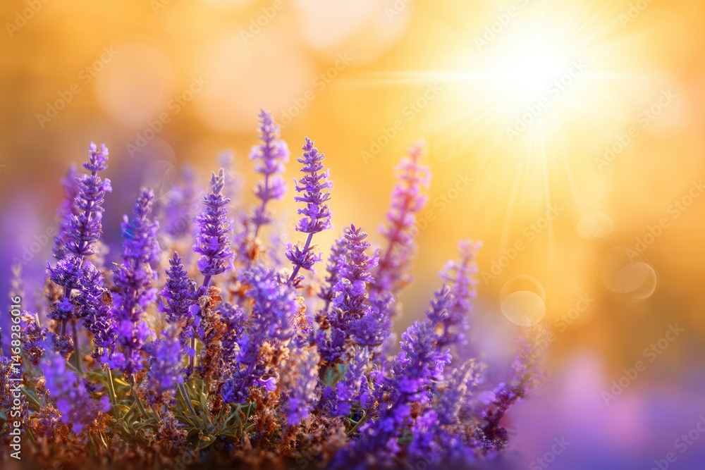 Vibrant lavender flowers blooming in a sunny field with warm sunlight and clear sky background.