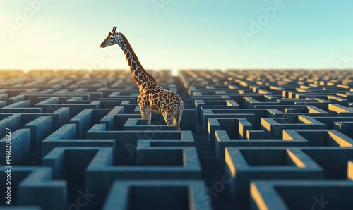 A solitary giraffe stands inside a complex, large grey maze under a clear blue sky, evoking a sense of curiosity and contemplation