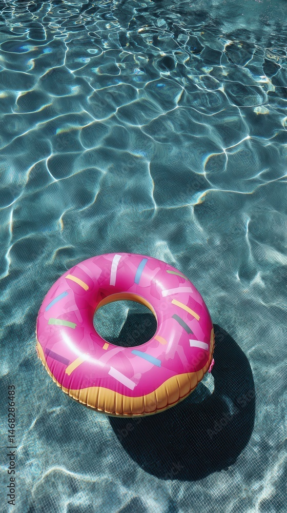 Pink and yellow inflatable ring floating on clear blue water in a sunlit swimming pool.