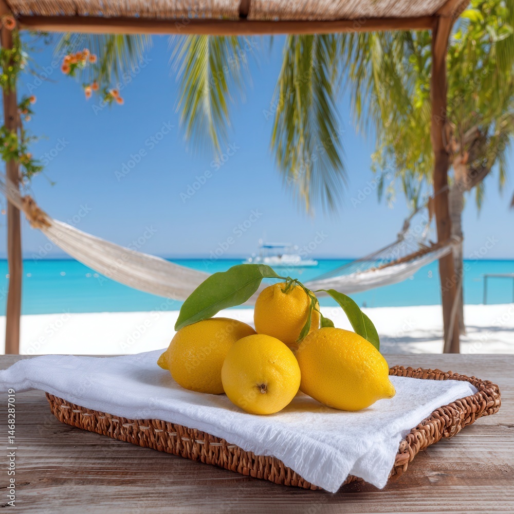 Three fresh yellow lemons placed on a white towel on a wooden table in natural daylight.