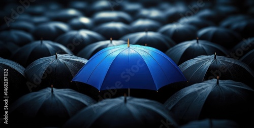 Single bright blue umbrella standing out among many black umbrellas with water drops, symbolizing uniqueness and individuality in a dark rainy environment