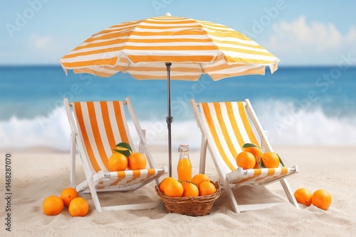 Two wooden chairs under a white umbrella on a sandy beach with fresh oranges in bright daylight.