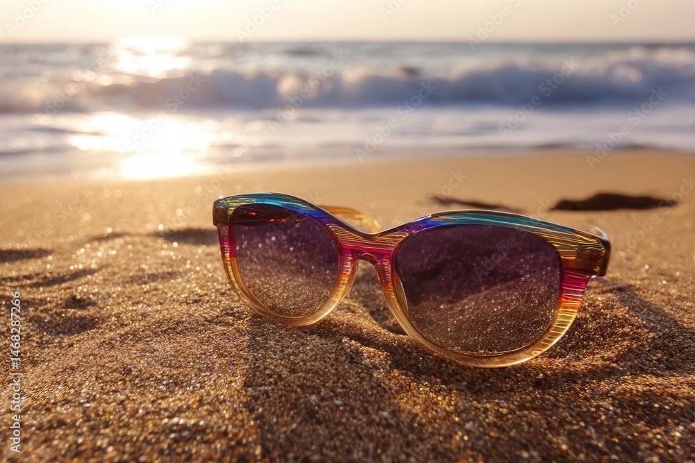 Sunglasses resting on golden beach sand with ocean waves rolling in the bright daylight.