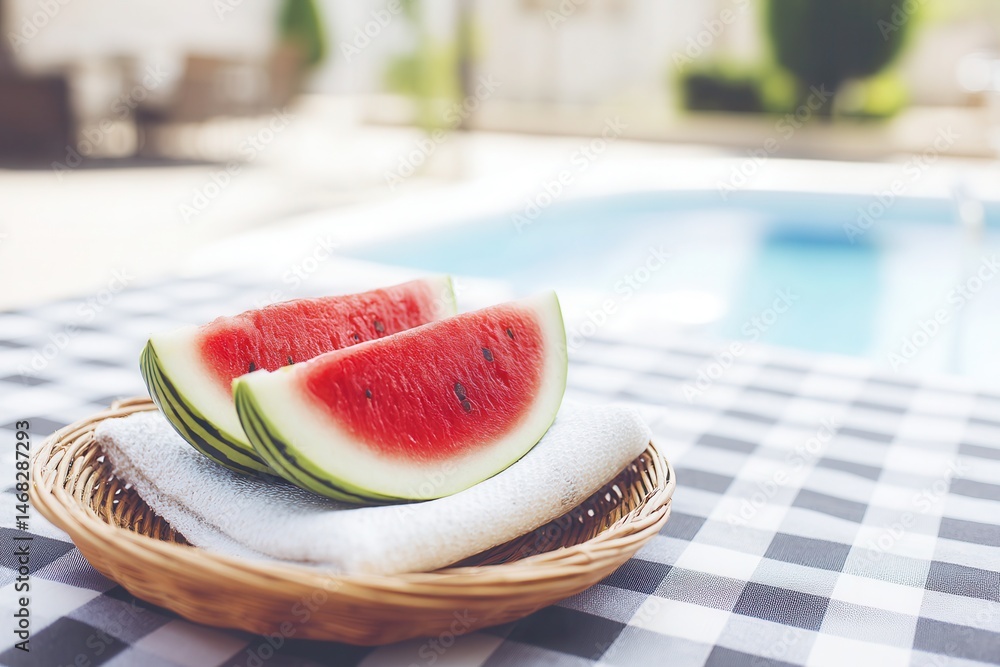 Fresh watermelon slices in a basket on a wooden table beside a clear blue swimming pool in daylight.
