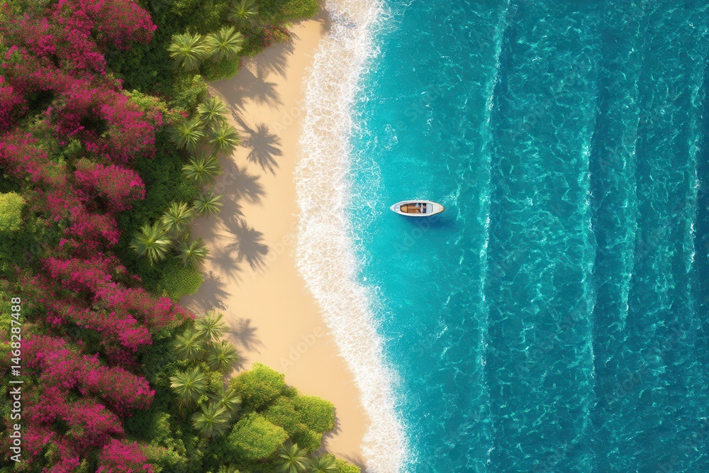 Aerial view of a boat resting on sandy beach near green palm trees under bright daylight.