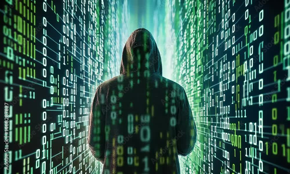 Person in hood before code lines background
