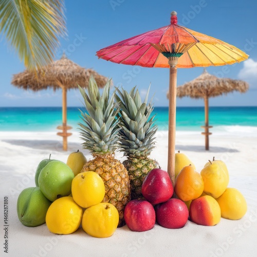Colorful assortment of fresh fruits and vegetables arranged on sandy beach under bright daylight.
