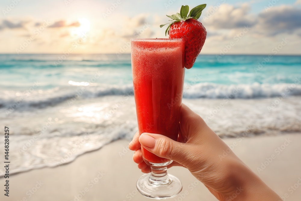 Hand holding a clear glass of orange juice garnished with a fresh red strawberry on top