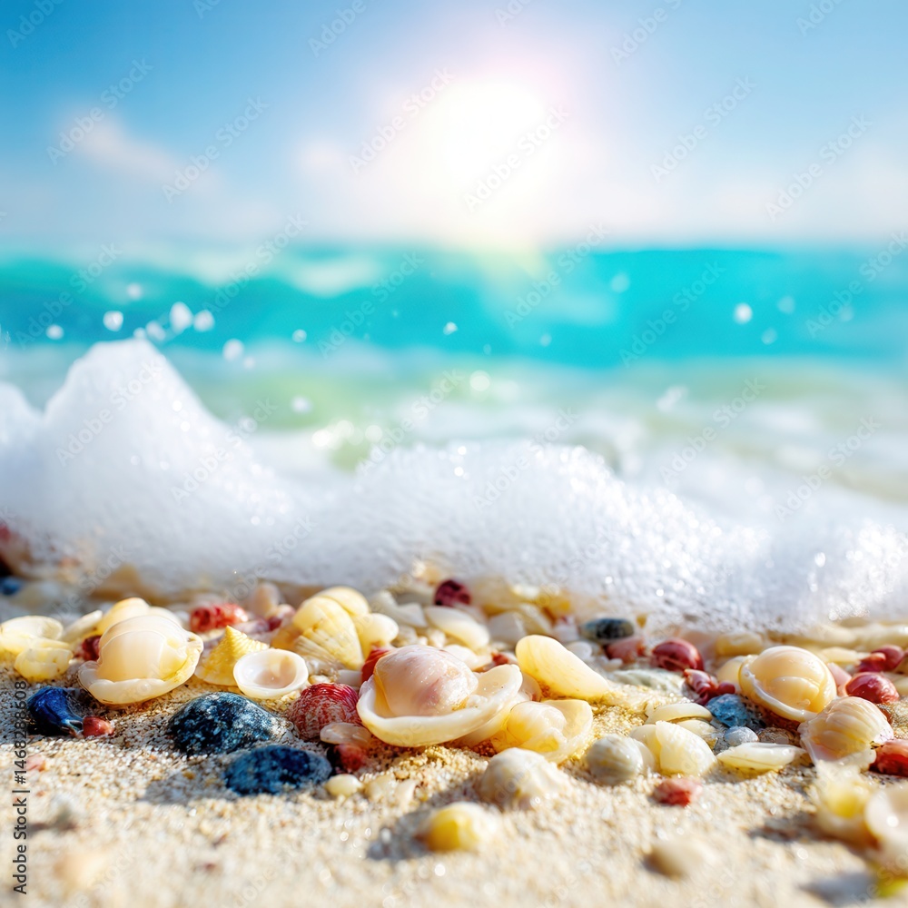 Aerial view of a sandy beach with scattered shells and white sea foam under daylight.