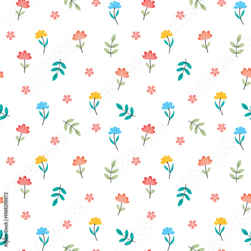 Seamless pattern of cute small flower with green leaves for fabric print. Beautiful flowers on a white background