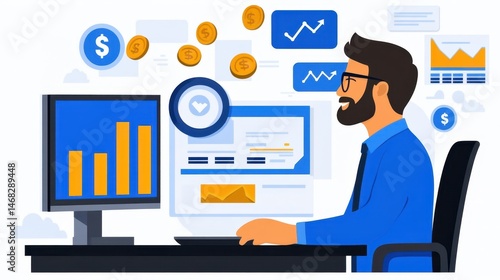 Online financial analysis with stock market charts and data on computer for investment and crypto currency concept illustration