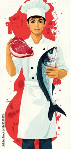 young chef holding a large raw steak in one hand and a whole fish in the other standing confidently with a serious expression wearing a white chef uniform and hat against a red abstract background